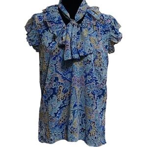 Elan Ava Blue Tapestry Ruffle Sheer Tie Neck Boho Top NWT Size Medium Y2K